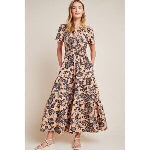 NWT by Anthropologie Somerset Maxi in Brown Motif Floral Tiered Cotton Dress L